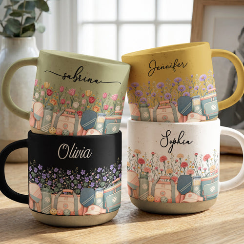 Custom Birth Flower & Name Pottery Mug - Gift For Pickleball Lovers - Personalized Mug